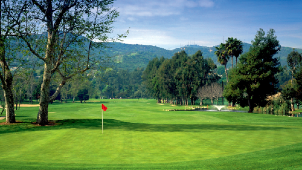 Golf course fairway with red flag on golf course hole